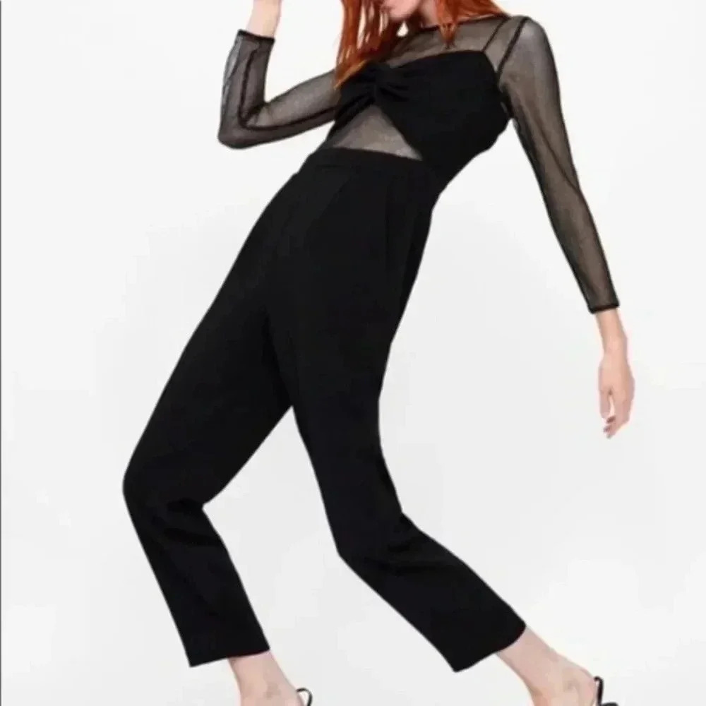 Zara Black Jumpsuit With Silver Metallic Mesh Sleeves
